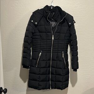 Guess Black Quilted Puffer Coat with Silver Zippers